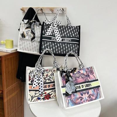Borsa a tracolla in tela grande capacità, sciarpa di seta, borsa per la spesa per il tempo libero da donna, borsa per il trucco quadrata da studente