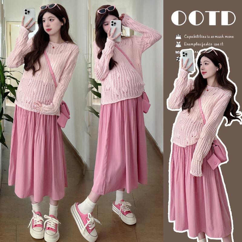 Korean Style Maternity Spring Knit Top & Skirt Set M