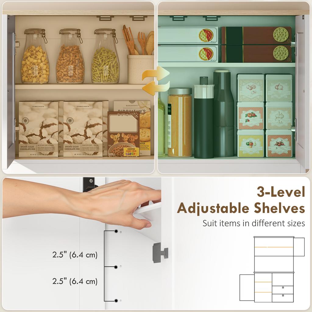 Kitchen Cupboard, Freestanding Kitchen Cabinet with 2 Cabinets, 2 Drawers, Open and Adjustable Shelves, White