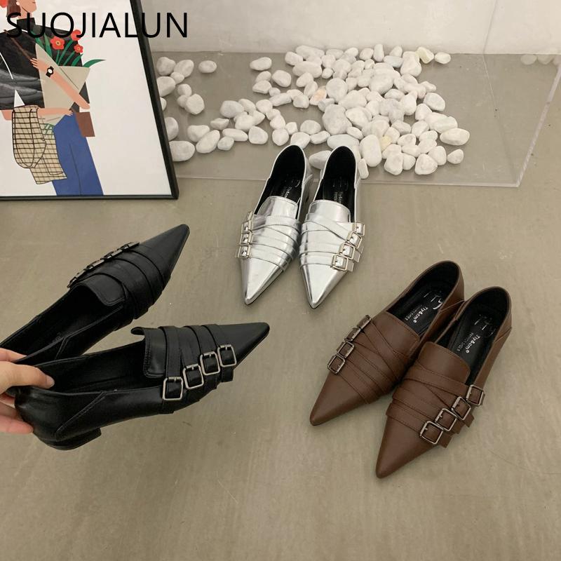 Fashion SUOJIALUN 2025 Autumn Ladies Women Flat Shoes Fashion Brand Buckle Women Elegant Laofer Shoes Flat Heel Slip On Dress Ballerinas