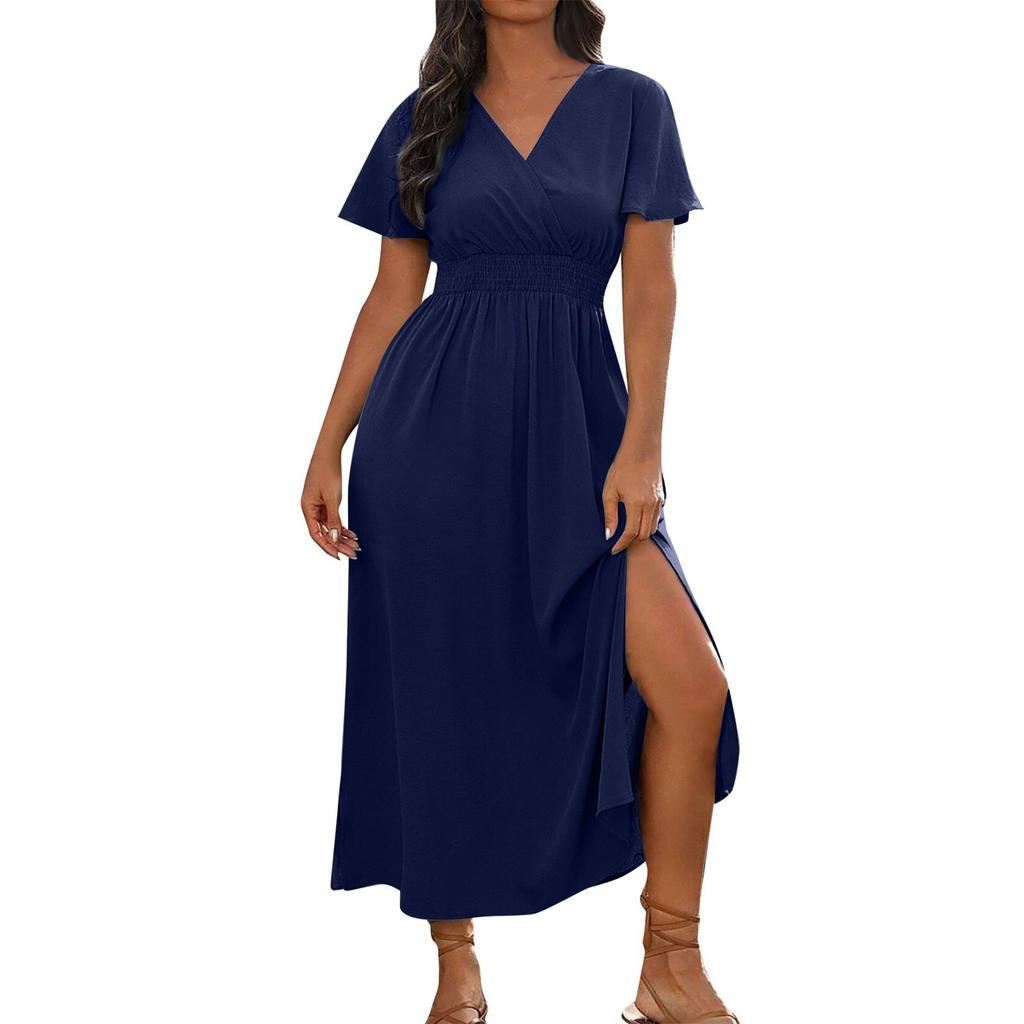 Women's Summer Fashion Sexy Comfortable Wrap Waist Maxi Dress V Neck Side Slit Casual Dress A-Line Long Short Sleeve Solid Color Dress