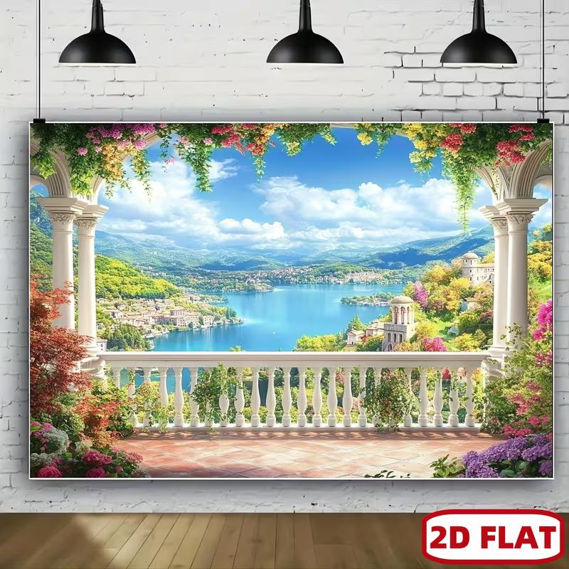 2D Romantic Lake View Backdrop, European Garden Balcony Photography Background