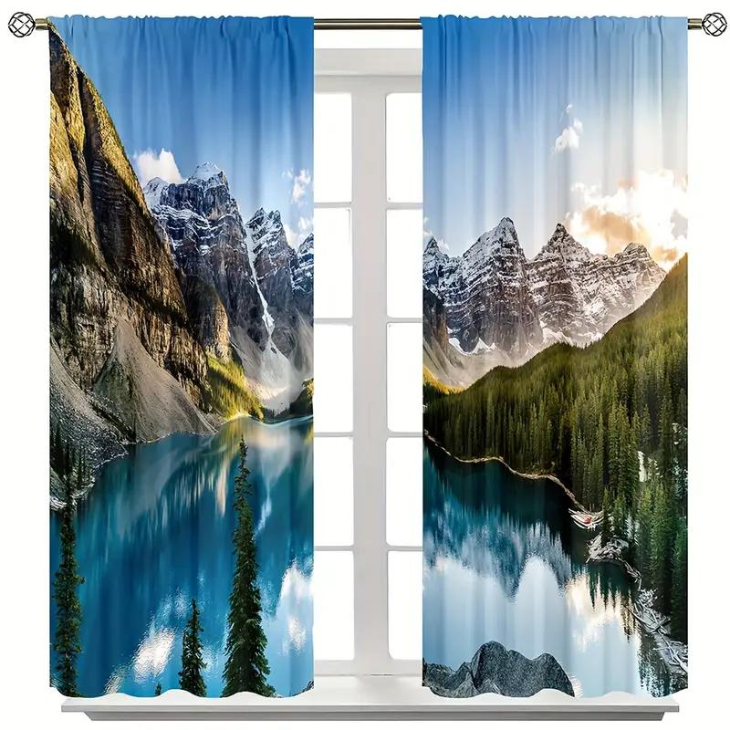 2pcs Breathtaking Mountain Lake Printed Curtains, Designed for Light Filtering, Quality Material, Ideal for Nature-Lover Home Wi