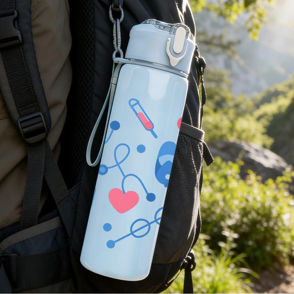 1PC Medical Stethoscope Heart Icon Print 750ml Color Plastic Sports Water Bottle Leakproof Flip Straw Lid Suitable for Sports Office Home Use