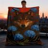 1pc Wolf Blue Flowers Throw Blanket Polyester Fiber, Lightweight Flannel, Soft & Warm, All Season Use for Outdoor, Camping Digital Print