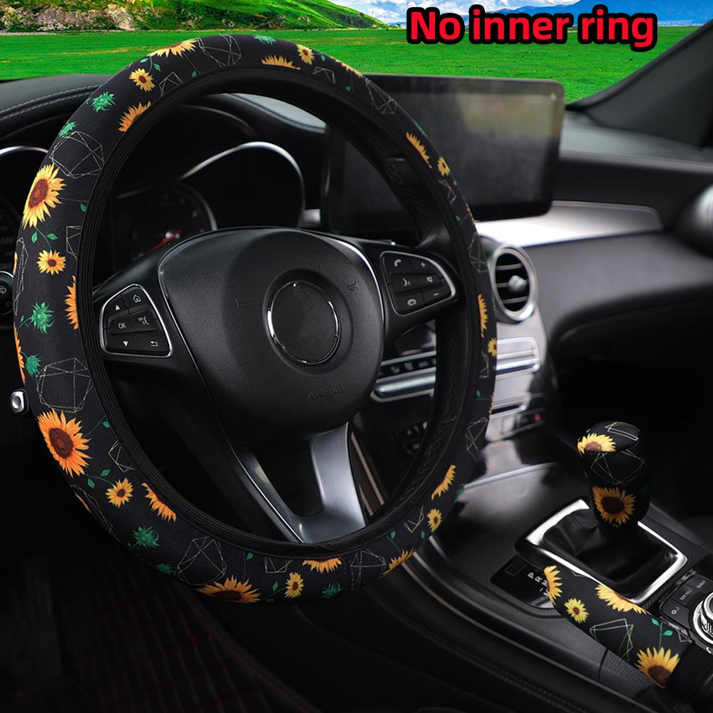 3 Delar Tyg Schackruta Blomma Spindelnät Bil utan Inre Ring Rattkåpa Handbromskåpa Handtagskåpa