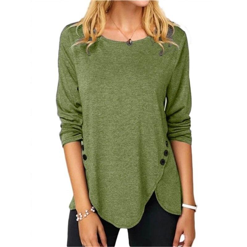 Button O Neck Long Sleeved Tunic T-Shirt Women Clothing Solid Color Loose Casaul Irregular Long Pullovers Tops Tee Shirt Femme