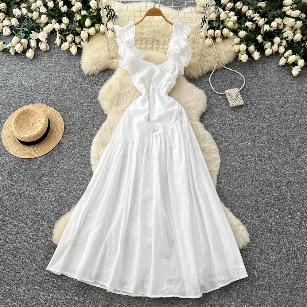 French ruffle leaf edge square neck dress women's summer new high waist thin holiday style temperament dress