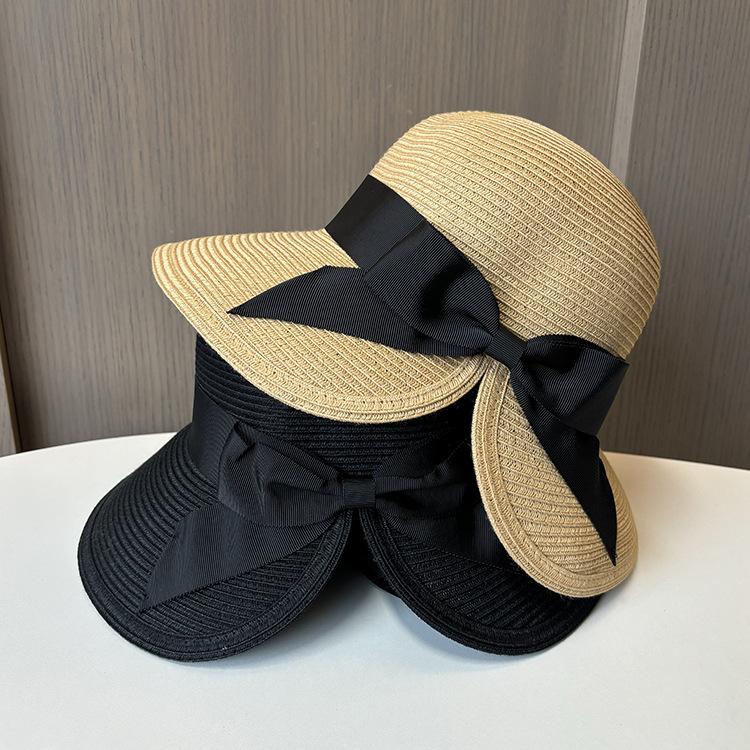 Soft sunshade straw hat women's summer travel vacation sun hat sweet bow big hat foldable beach hat