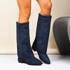 Fashion Denim Blue Chunk Flock Square Heel Boots Women Knee High Pointer Toe Heels Shoes Woman Trend Chelsea Boots Mujer Gladiator Botas