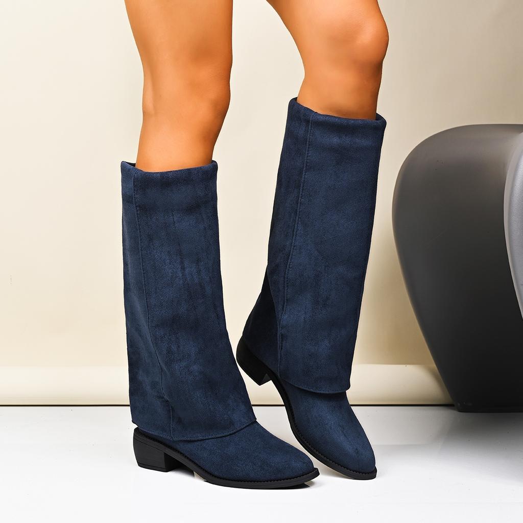 Fashion Denim Blue Chunk Flock Square Heel Boots Women Knee High Pointer Toe Heels Shoes Woman Trend Chelsea Boots Mujer Gladiator Botas
