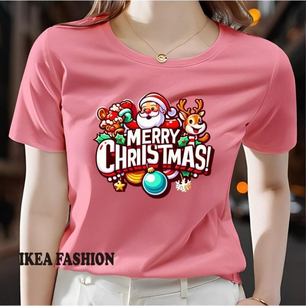 Large Women's Christmas Pattern Printed T-shirt - Short Sleeve Round Neck Casual Top