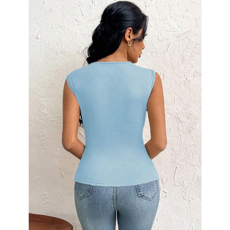 DAFIFY Women's Fashion Casual Summer Spring Solid Color Print Sleeveless Oblique Collark Blouses & Shirts