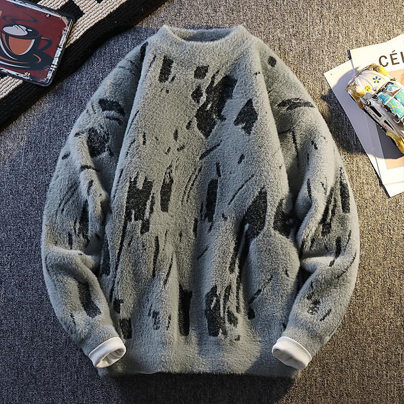 

Round Neck Knit Sweater Long-sleeved Print Pullover Contrast Color Casual Fashion Top M