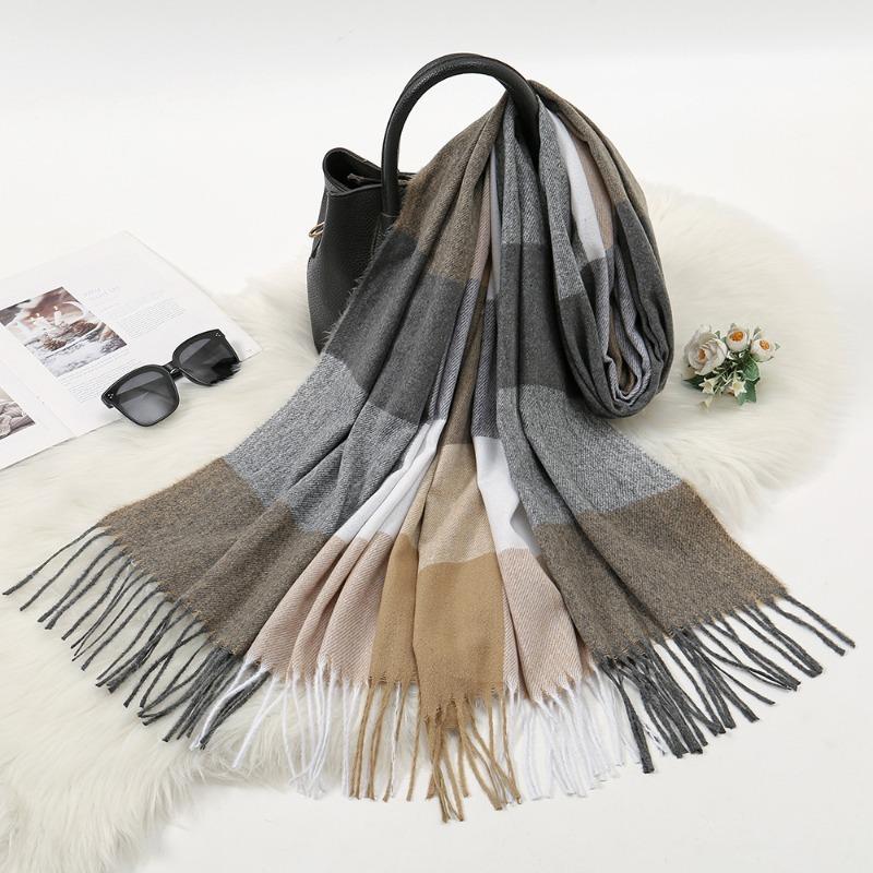 Contrasting color plaid imitation cashmere versatile scarf autumn and winter women's atmosphere fringed warm shawl scarf