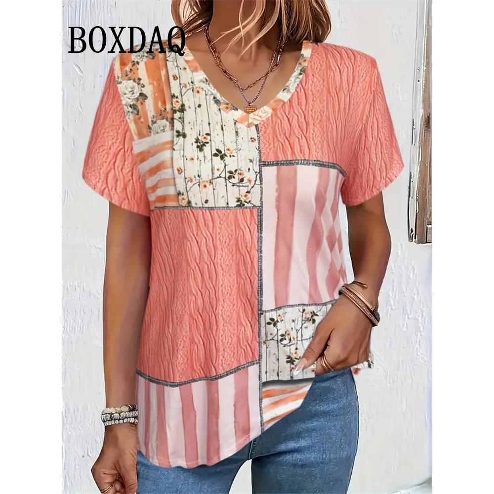 

T-Shirt Women s Plus Size Summer Casual Elegant Simple V-Neck Short-Sleeve Floral Plaid Tops Loose Casual Wear Ladies Tee Shirts S