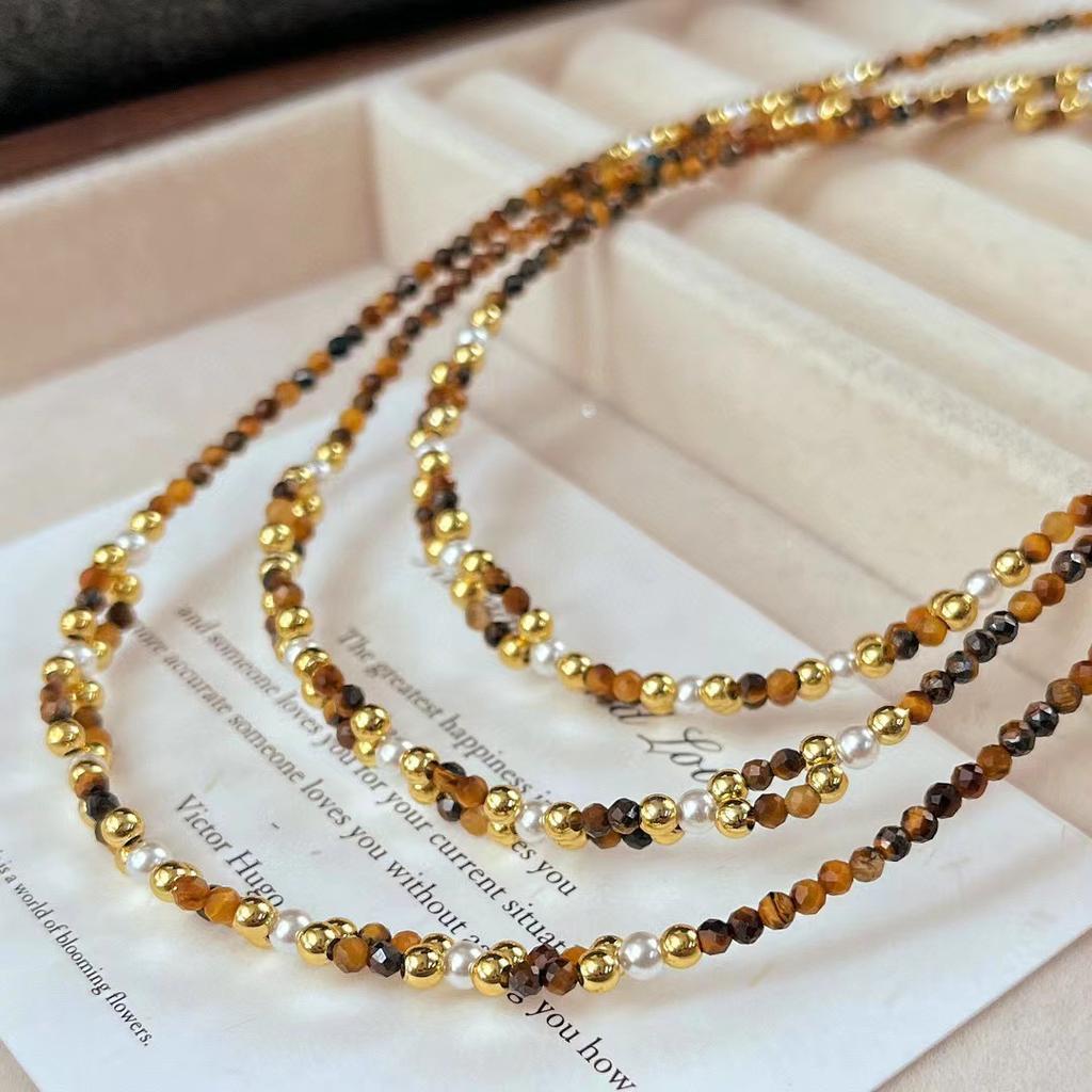 Vintage Maillard Style Natural Tiger'S Eye High Quality Artificial Pearl Woven Collarbone Chain Necklace New