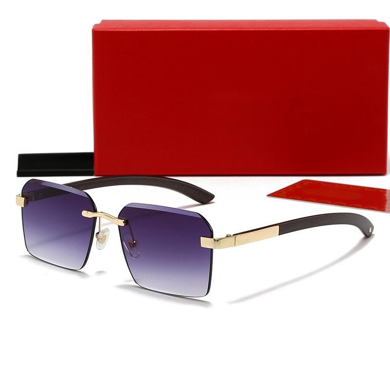 Fashion Rimless Square Sunglasses for Men Women New VintageMetal Frame with Wooden Temple, Classic Retro Shades UV Protection