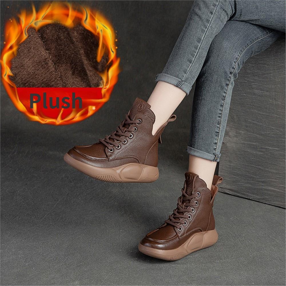 Johnature Γυναικείες μπότες Γνήσιο δέρμα Χειμερινά κορδόνια με στρογγυλά γυναικεία παπούτσια Ράψιμο χειροποίητα ρετρό μποτάκια