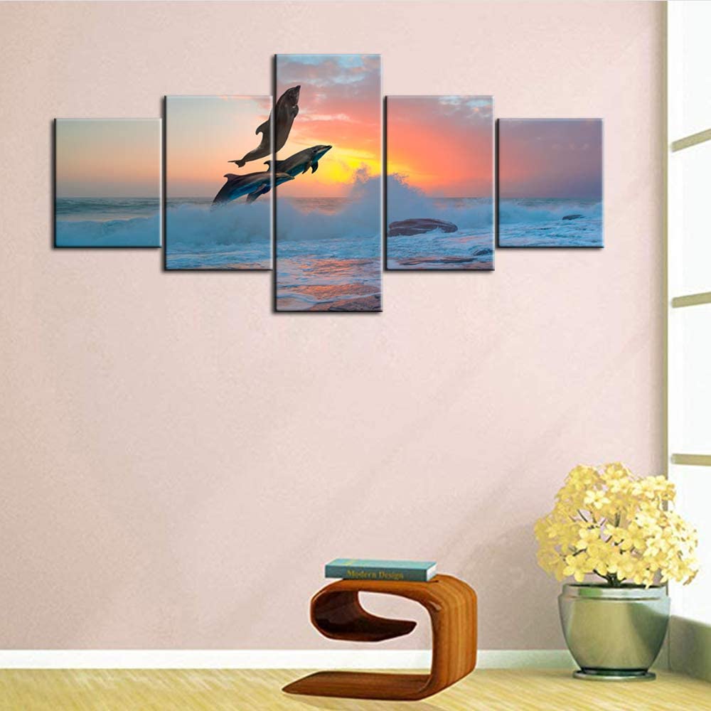 

5 шт. группа дельфинов, прыгающих по морской волне на закате возле рифа Красного моря, картины, настенные HD-принты, домашний декор, 5 панелей, искусство