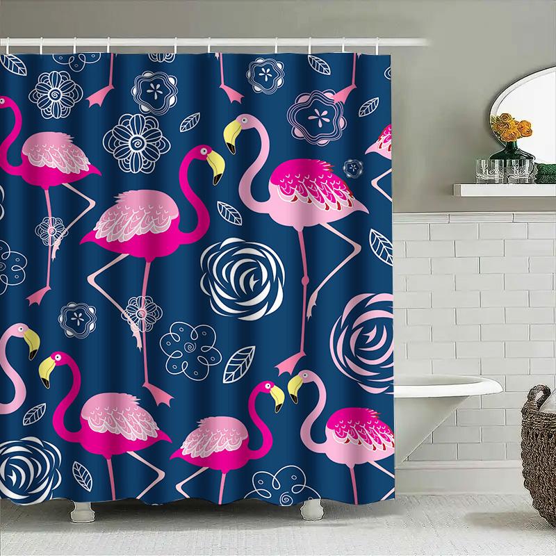 Pink Flamingo Shower Curtain Fabric Print Decorative Waterproof Bath Set For Home Bathroom Accessories Nautical Blue White Flora
