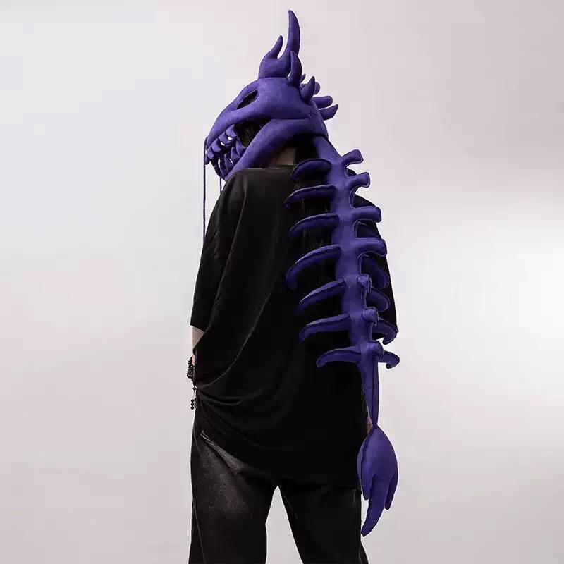 Groot formaat 120 cm Dinosaurus Schedel Pluche Hoofddeksel Met Ruggengraat Staart Grappig Halloween Cosplay Kostuum Zacht Draagbaar Dino Schedel 90cm blue