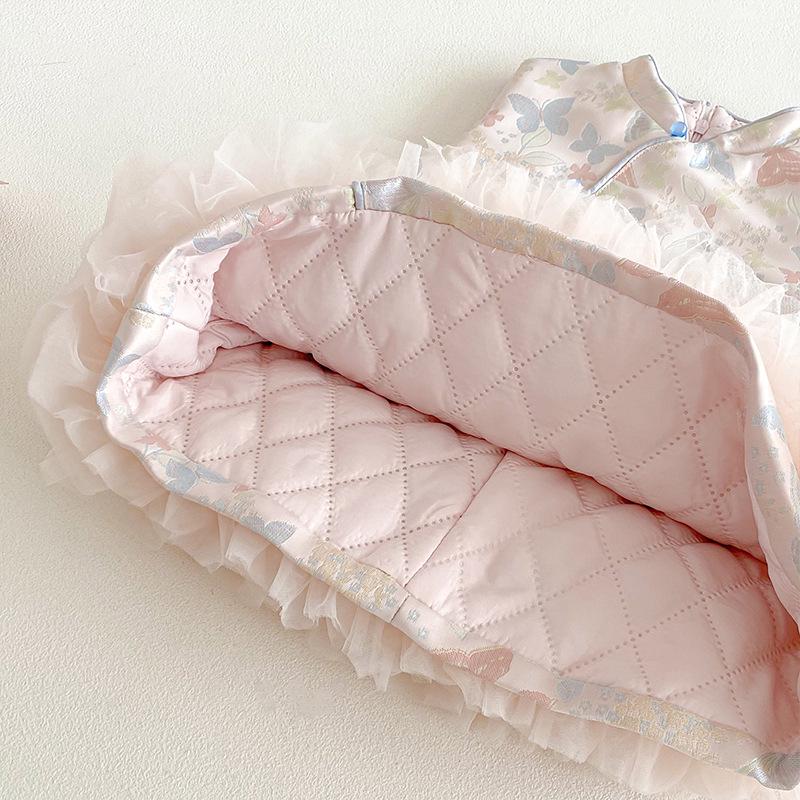 2025 Girls' Chinese Style Layered Winter Dress with Oblique Collar - Retro New Year Outfit