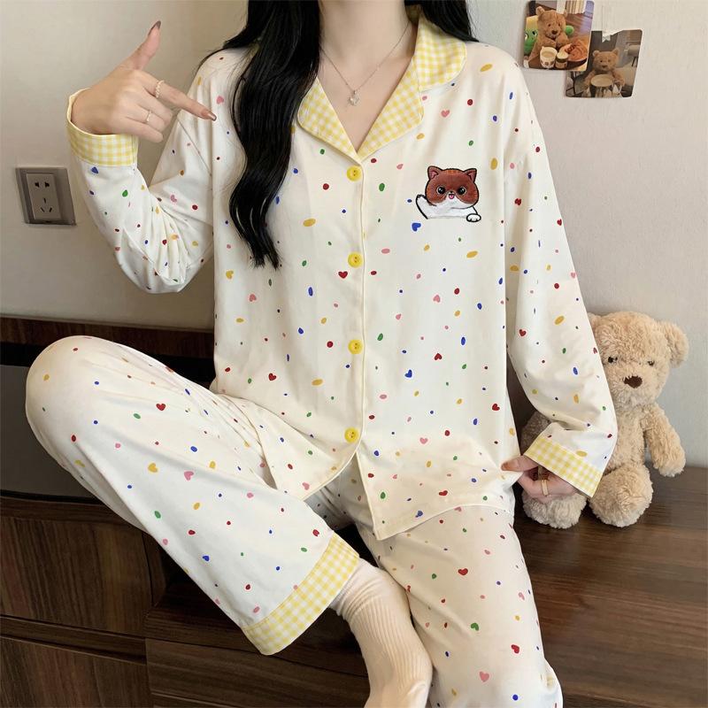 Spring and Autumn New Imitation Cotton Pajamas Women's High-end Plaid Long-sleeved Cartoon Embroidered Loungewear Two-piece Set
