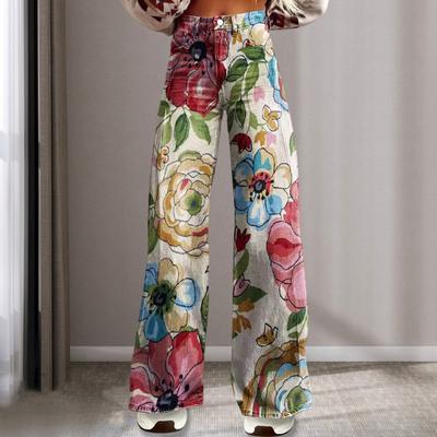 Women Retro Casual Pants Mid-rise Button Zipper Fly Wide Leg Long Trousers with Pockets Digital Floral Print Leisure Trousers Streetwear
