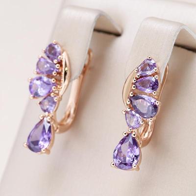 Orecchini pendenti a forma di goccia con zirconi viola pieni per le donne Gioielli vintage di moda color oro