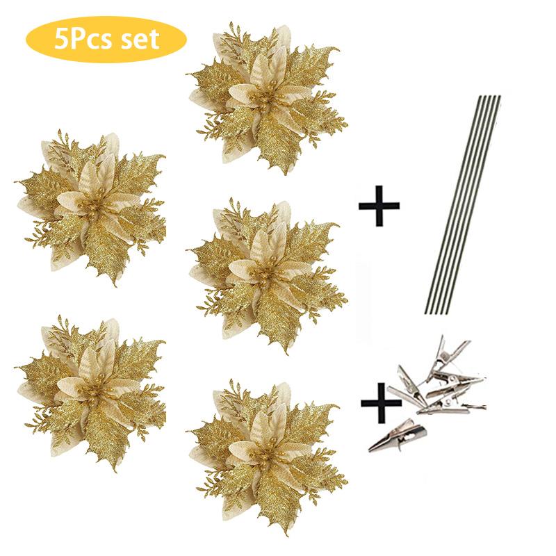 5PCS Glitter Poinsettia Artificial Xmas Flowers Ornaments for Christmas Tree Decorations Fake Flowers Head Christmas Decoration