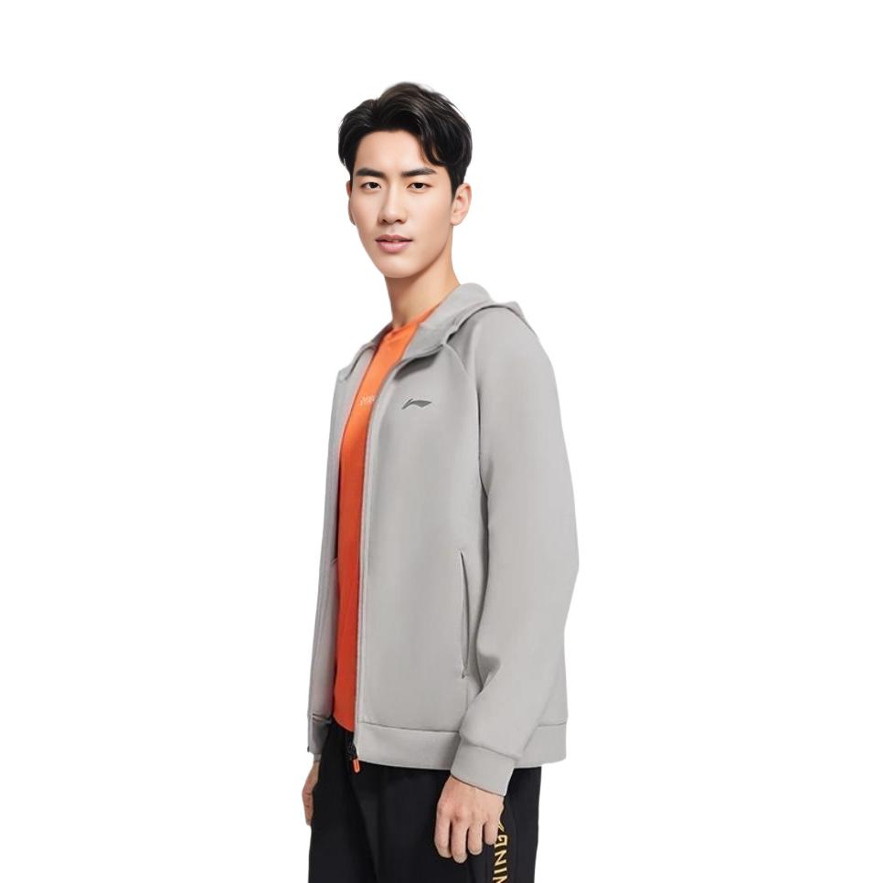 Li Ning Fitness Series Sweatshirts Men's Gray Hooded Moderate Cardigan AWDS791-4