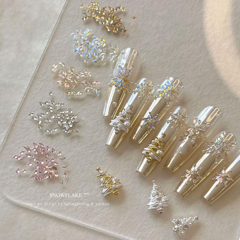50 Pcs Colorful Rhombus Nail Charms Snowflake Nail Rhinestone Flat Bottom Stereoscopic Nail Decoration Diy Accessories