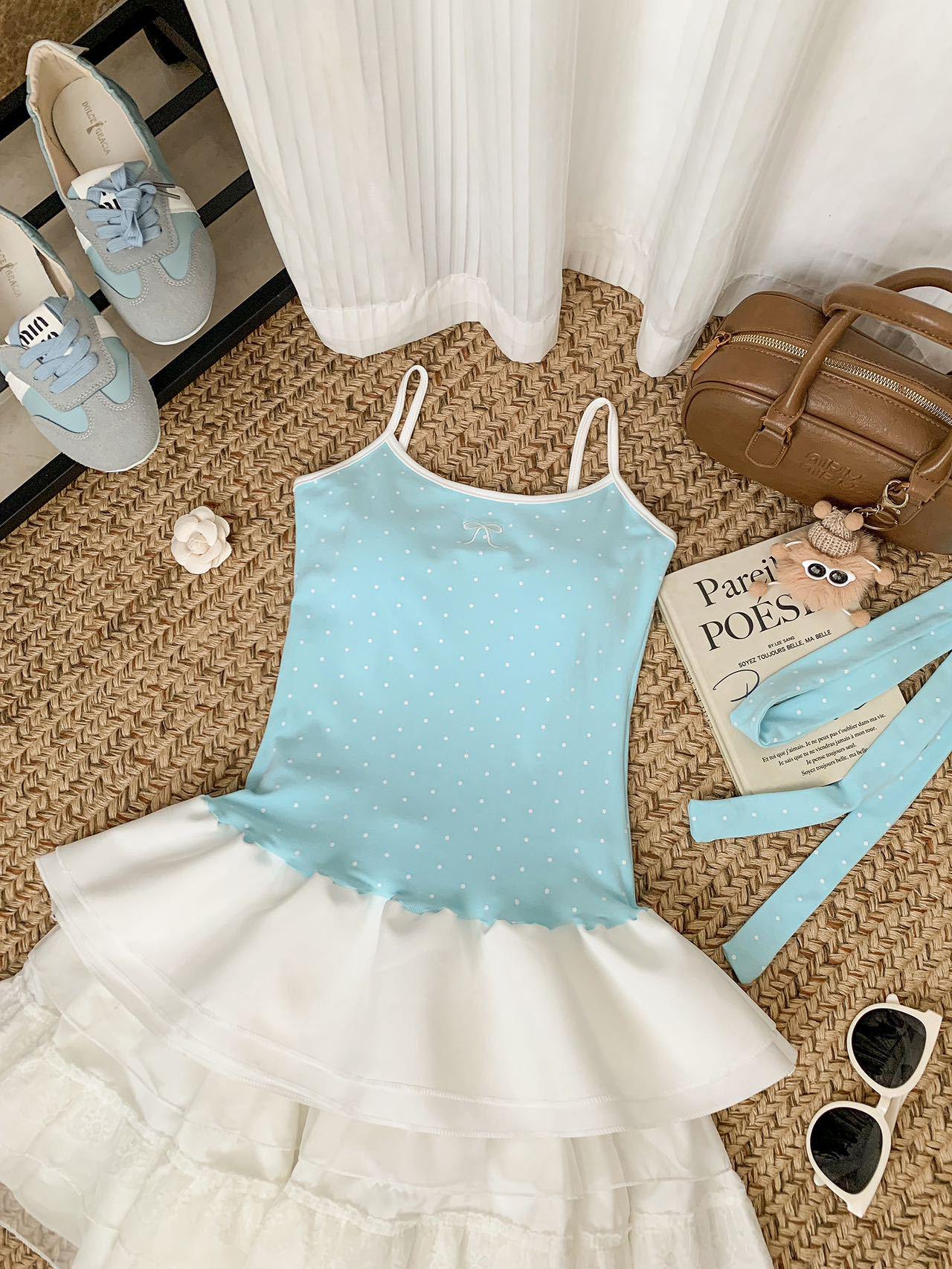 Women s Red Polka Dot Lace Camisole Top with Bow and Ruffle Details Fits 75-120 jin синий