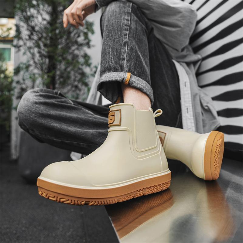 Men's Short-Tube Non-Slip Rain Boots Fashionable Low-Top Water Shoes Pvc One-Time Molded Rain Boots, Pastoral Labor Waterproof Shoes
