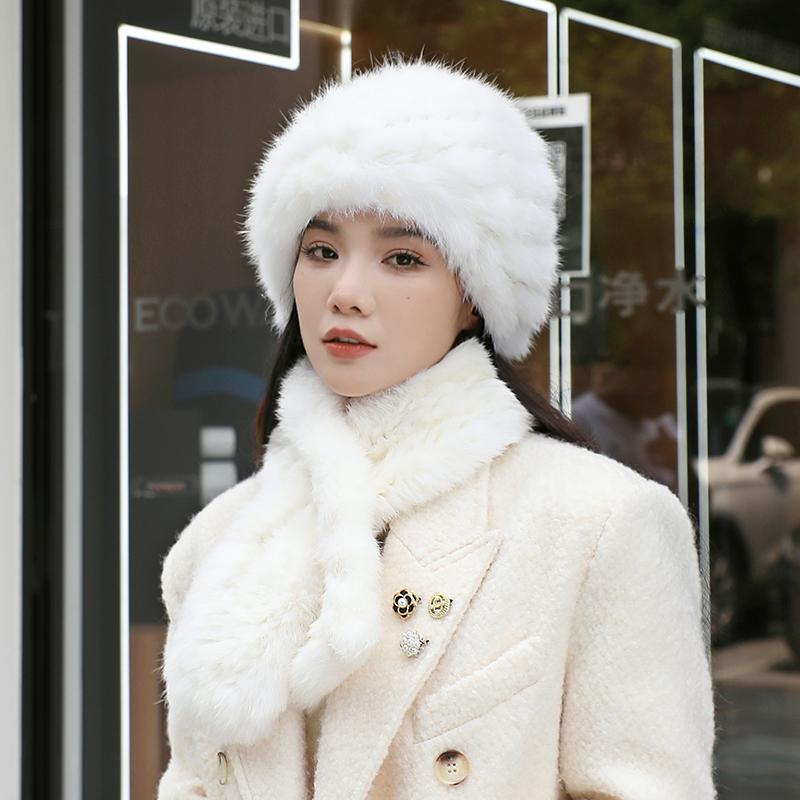 2024 New Winter Hat Women's Rabbit Hair Warm Ear Protection Pineapple Hat Dome Fashion Versatile Mom Hat Set