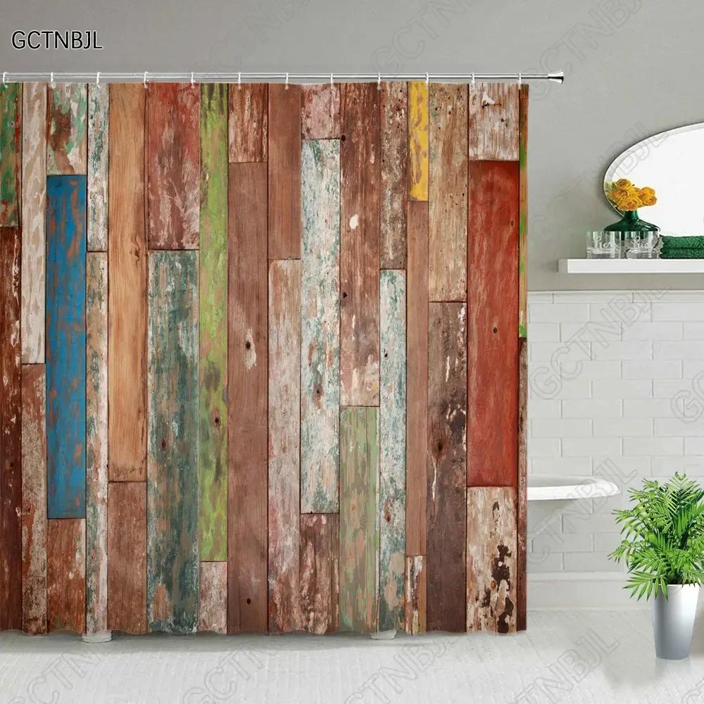 Retro Wood Doors Shower Curtain Set Rustic Old Vintage Barn Door Fabric Bathroom Curtains Farmhouse Bath Decor Bath Screens Hook