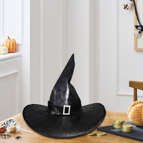 Halloween Witch Hat Vintage Faux Leather Wizard Hat with Buckle Halloween Cosplay Party Costume for Men Women