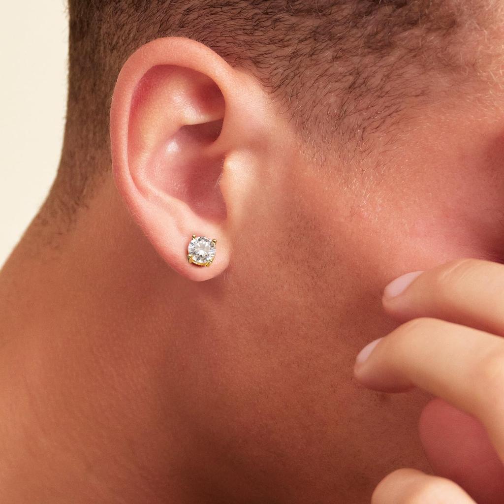 Men's Moissanite and Diamond Stud Earrings - Single Stone Earrings, 3-prong/4-prong/6-prong Setting, Sterling Silver, Hypoallergenic, 0.3ct/0.5ct/0.8c