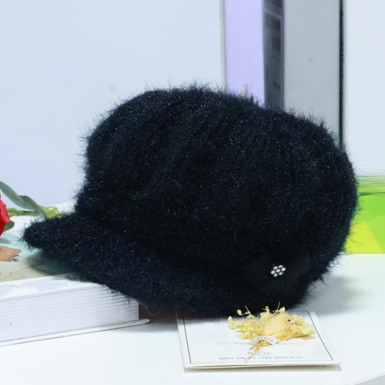 Women Knitting Hat Extended Brim Thickened Plush Winter Hat Solid Color Flower Decor Warm Hat Fashion Accessories