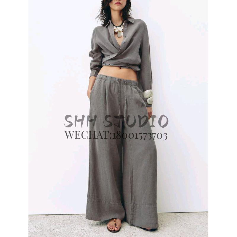 Spring New Lapel Long Sleeves Linen Blended Shirt 4877100 Mid Waist Shoelace Wide Leg Pants 4877101