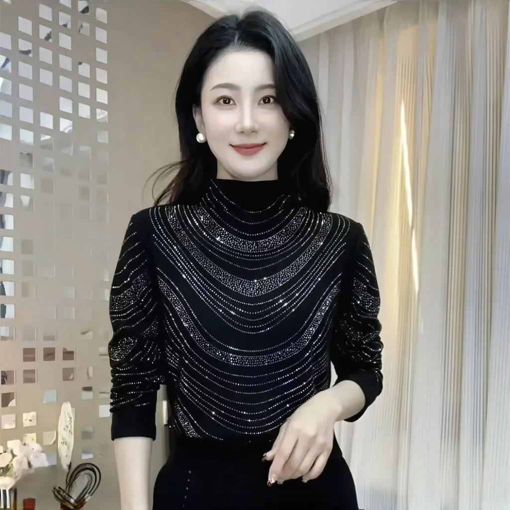 Autumn/Winter Stylish Heavy-Duty Slimming Semi-High Collar Long-Sleeve Top for Middle-Aged and Elderly Women