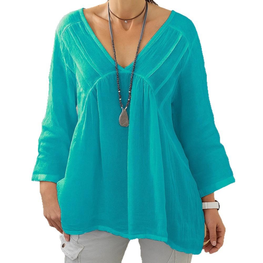 New Women's Casual V-neck Long-sleeved Loose Pullover Solid Multi-color Women's T-shirt