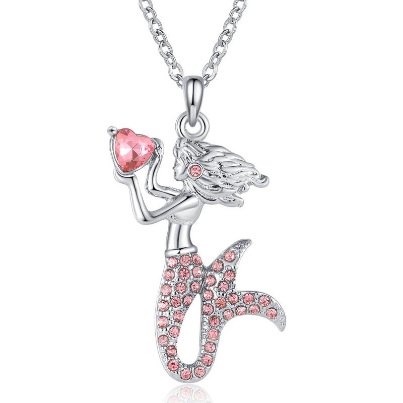 Fashion Mermaid Birthstone Pendant Jewelry White Gold Plated Austrian Crystal Necklace Gift for Girls Women