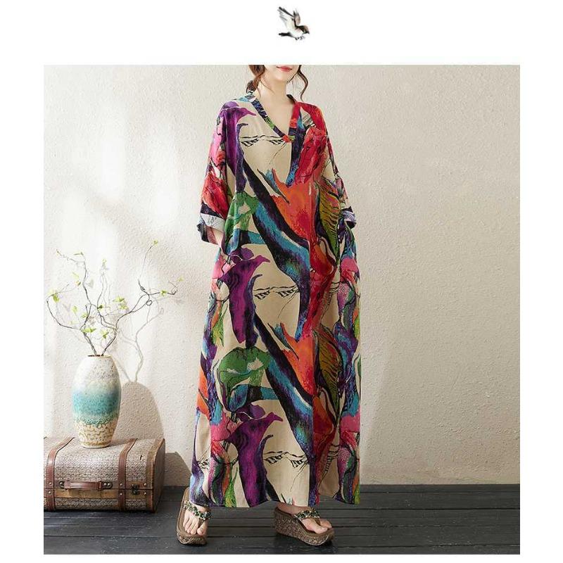 V-neck Loose Plus Size Simple Vacation Style Long Sleeve Women's Beach Dresses