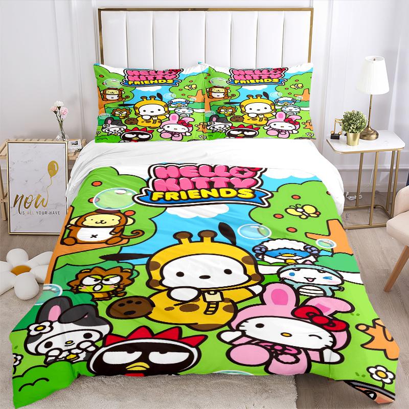 3pcs Hello Kitty Friends Print Bedding Set (1 Cover + 2 Pillowcases, Without Inserts), Soft and Comfortable W041