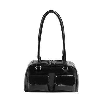 Lapimou Women's Horizontal Bag, Boston Bag, Handbag, Shoulder Bag, One-Shoulder Bag, Horizontal, Silver, A4 Size, Large Capacity, Popular, Trendy,