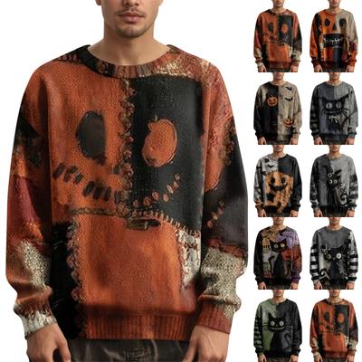 Herren Langarm Pullover Strickpullover Lässiger Halloween-Print Strick Übergröße