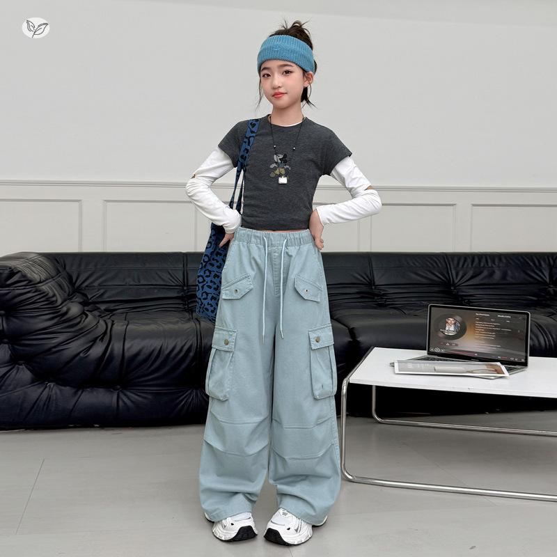 Girls' Wide-Leg Cotton Work Pants with Big Pockets - Autumn 2026 Style for Medium to Large Children, Casual Straight-Leg Long Pants