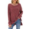 Women's Round Neck Long Sleeve Knit Top Loose Fit Commuter Style Brushed Ribbed Split Hem Casual Pullover Tunic Top